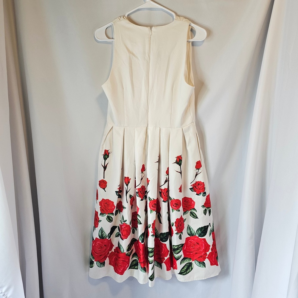 Belle Poque Floral Fit and Flare Dress Medium Cream Red Rose Rockabilly DESC - Picture 8 of 10